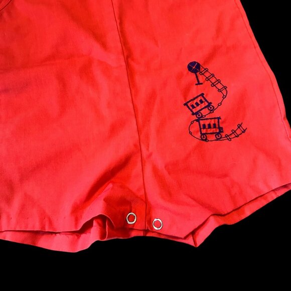 Vintage Sears Cherry Red Train Embroidered Sunsuit Romper 12-18 Months - Picture 3 of 5